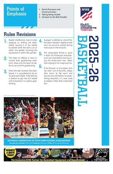 Cover of the 2025-26 NFHS Basketball Rules Book with points of emphasis and action shot of a basketball game.